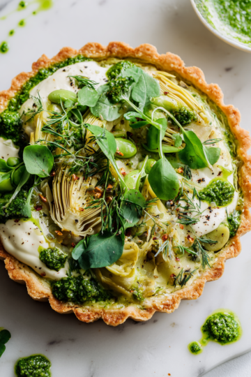 Tarte aux artichauts et fèves sur une table printanière avec pesto de cresson