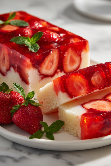 Pudding d'été à la gelée de fraises, dessert léger et frais, idéal pour les célébrations estivales.