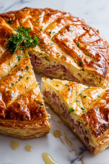 Tourte au jambon miel-moutarde délicieuse faite avec une pâte feuilletée au fromage, idéale pour les repas en famille.