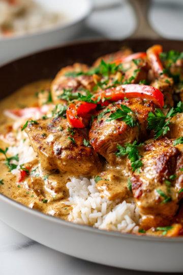 Un plat savoureux de poulet cajun crémeux avec du riz, parfait pour les repas en famille, présenté dans une poêle en fonte.