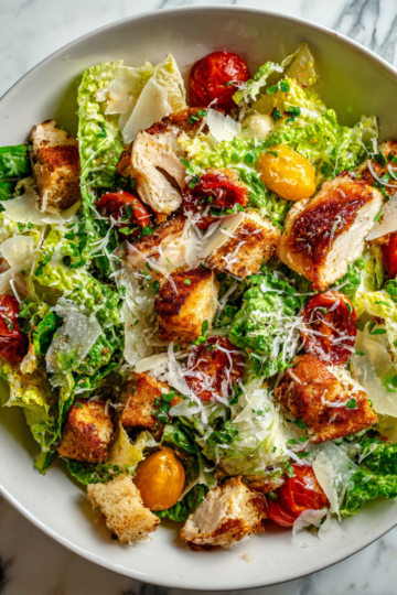 Salade César au poulet rôtie avec légumes frais et croutons, un plat savoureux et équilibré pour les dîners de famille.