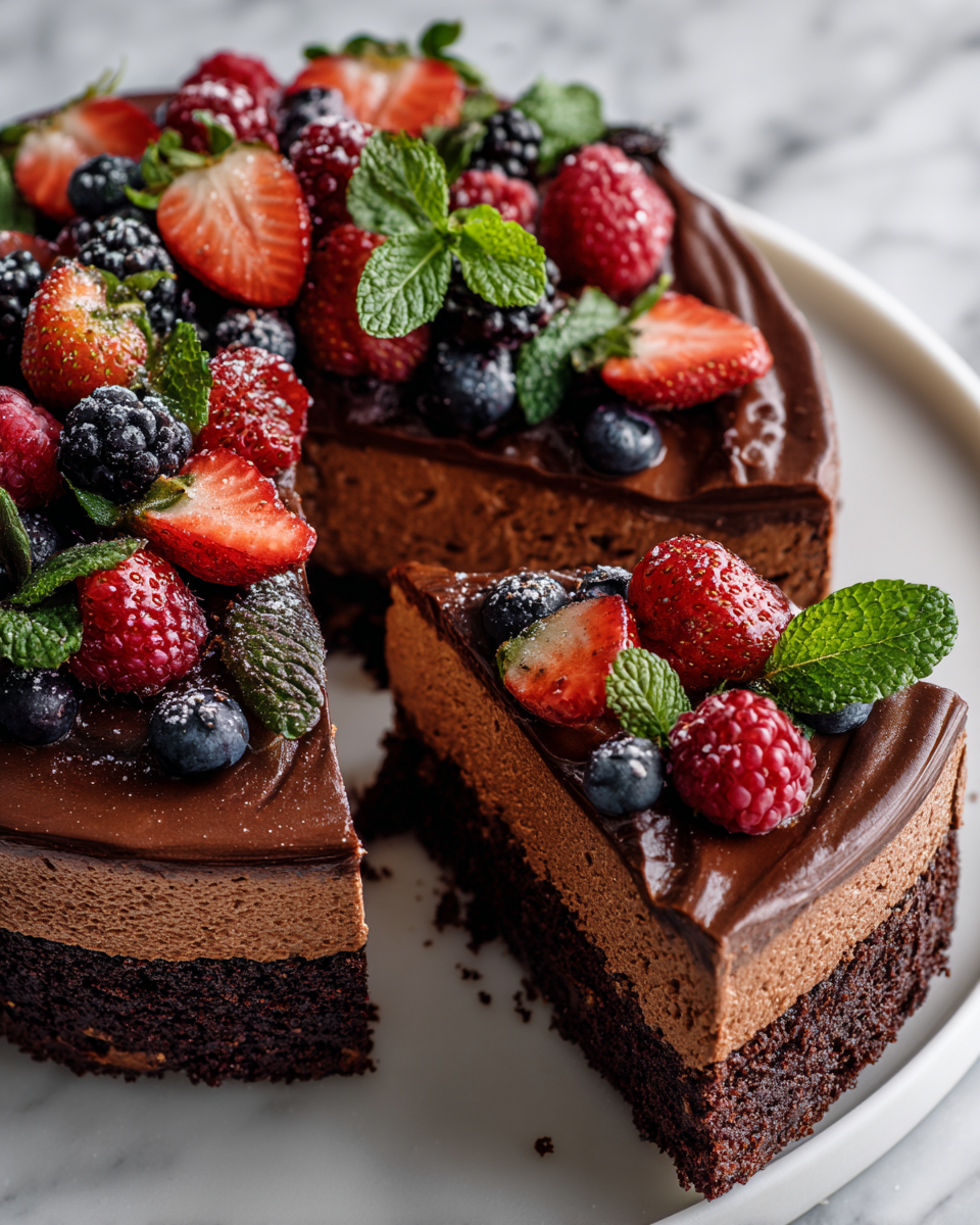 Gâteau au chocolat mousse riche, parfait pour Pâques, avec une texture veloutée et des garnitures fraîches.