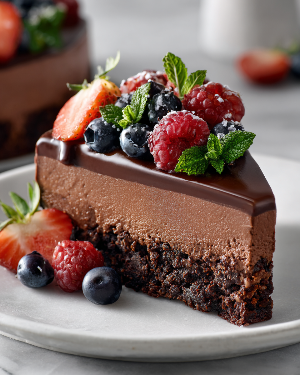 Gâteau au chocolat mousse riche, parfait pour Pâques, avec une texture veloutée et des garnitures fraîches.