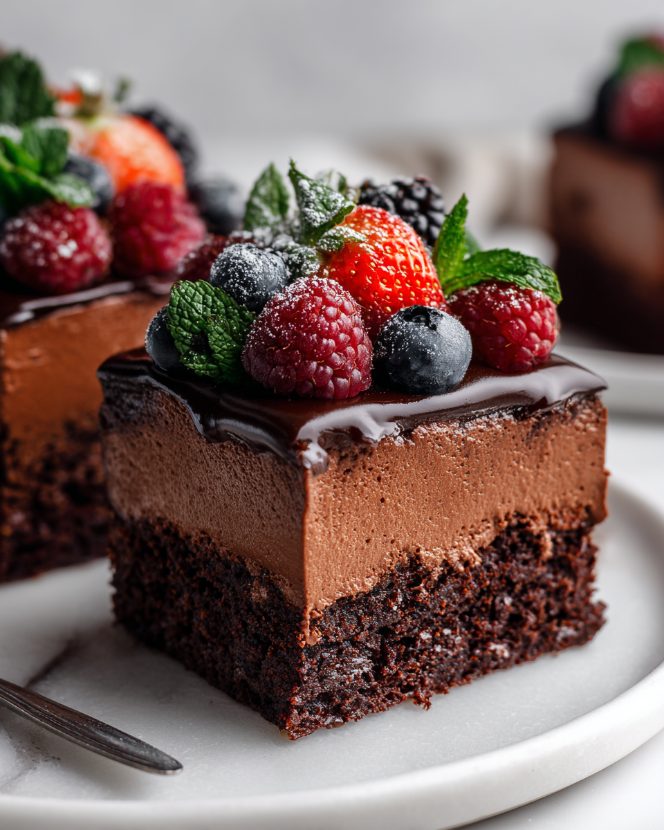 Gâteau au chocolat mousse riche, parfait pour Pâques, avec une texture veloutée et des garnitures fraîches.