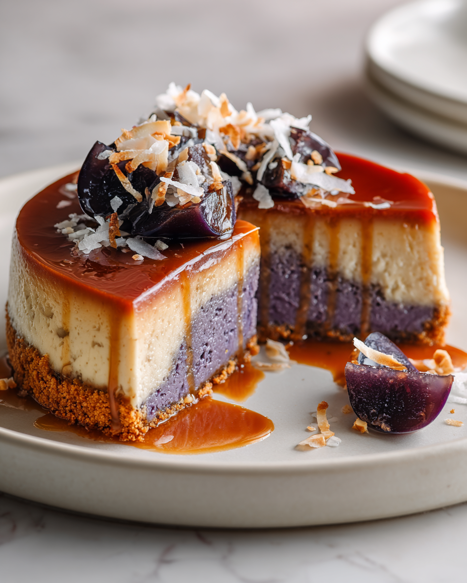 Gâteau Flan à l'Ube, un dessert crémeux et léger, idéal pour les fêtes, avec une belle couleur violette.