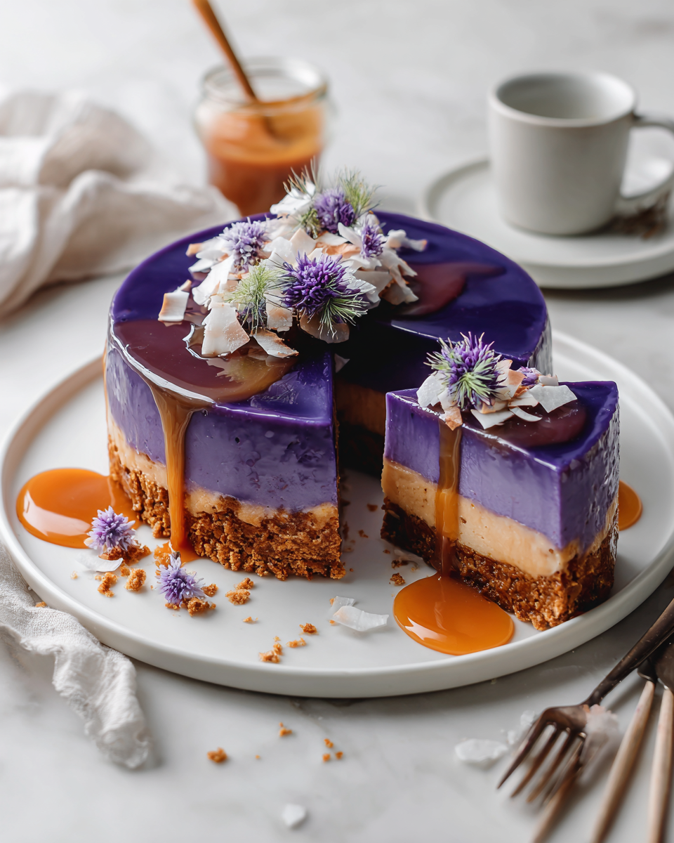 Gâteau Flan à l'Ube, un dessert crémeux et léger, idéal pour les fêtes, avec une belle couleur violette.