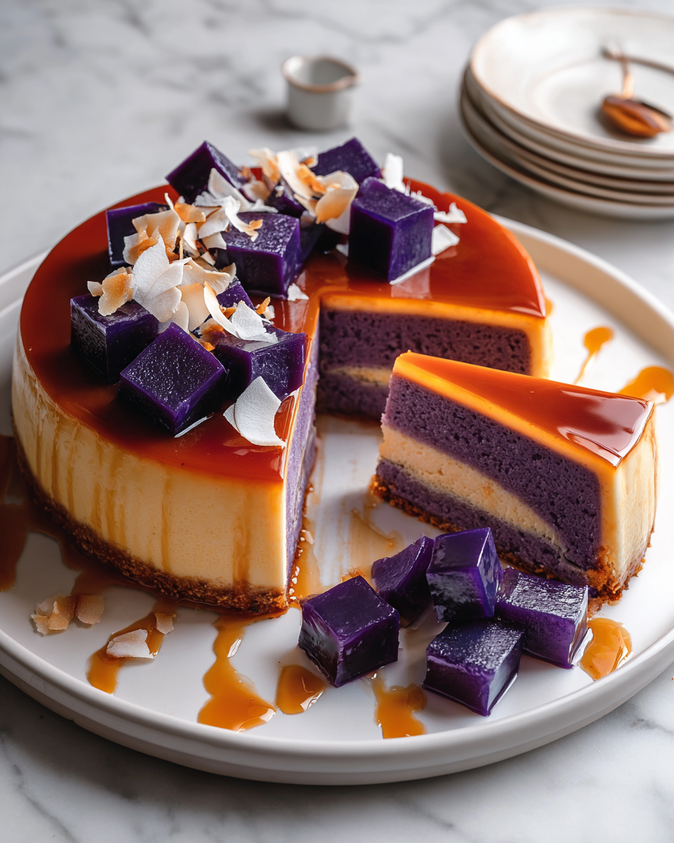 Gâteau Flan à l'Ube, un dessert crémeux et léger, idéal pour les fêtes, avec une belle couleur violette.