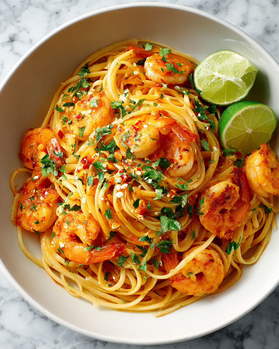 Linguine aux Crevettes Sriracha Lime, Prête en 20 Minutes Linguine aux crevettes sriracha et lime, prêt en 20 minutes, avec une texture délicieuse et des saveurs vibrantes.