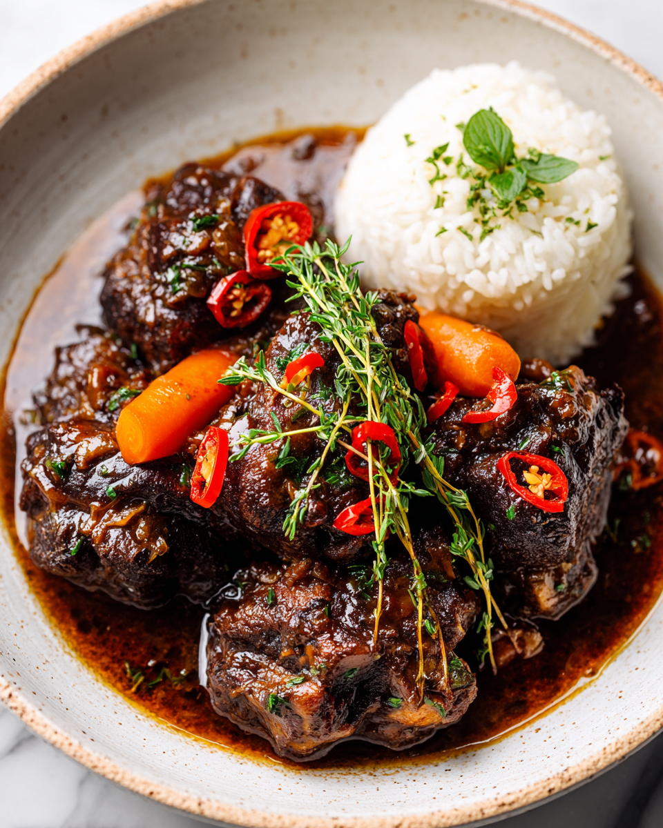 Savourez un Oxtail Jamaïcain Réconfortant Recette d'oxtail jamaïcain savoureuse, à braiser pour un plat réconfortant, riche en saveurs caribéennes, idéale pour les repas en famille.