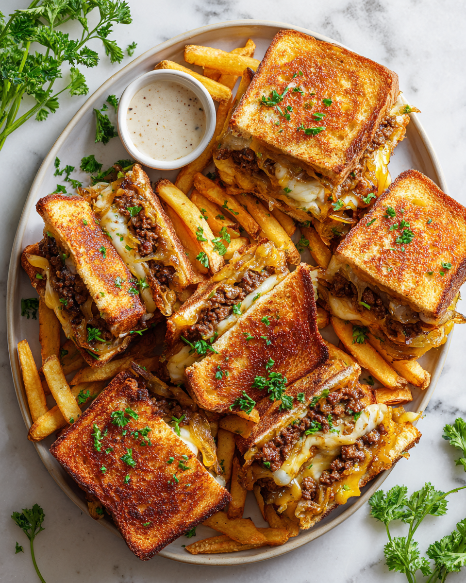 Recette de Patty Melt Toasties croustillants avec viande juteuse, fromage fondu et oignons caramélisés, prêt en 30 minutes.