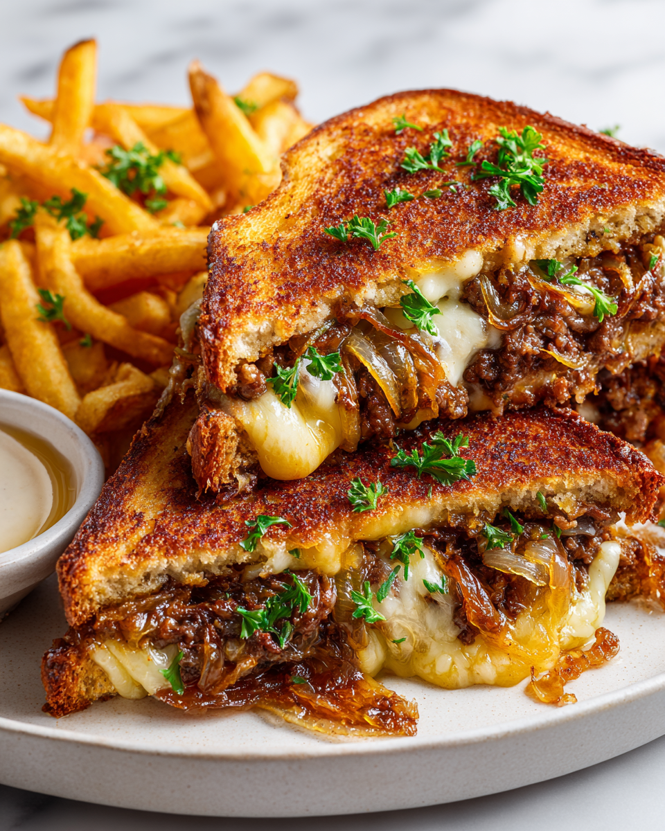 Recette de Patty Melt Toasties croustillants avec viande juteuse, fromage fondu et oignons caramélisés, prêt en 30 minutes.