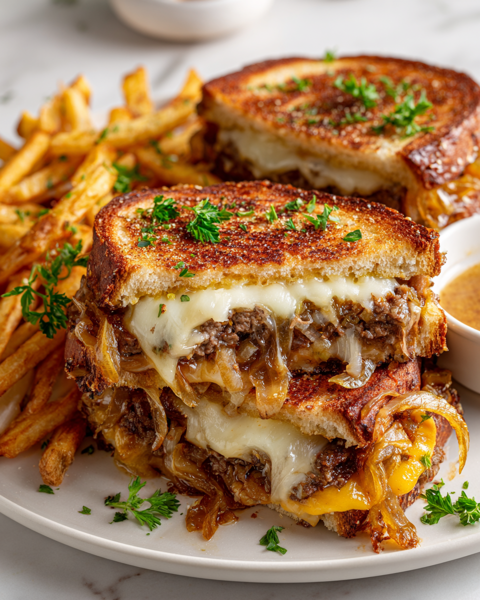 Recette de Patty Melt Toasties croustillants avec viande juteuse, fromage fondu et oignons caramélisés, prêt en 30 minutes.
