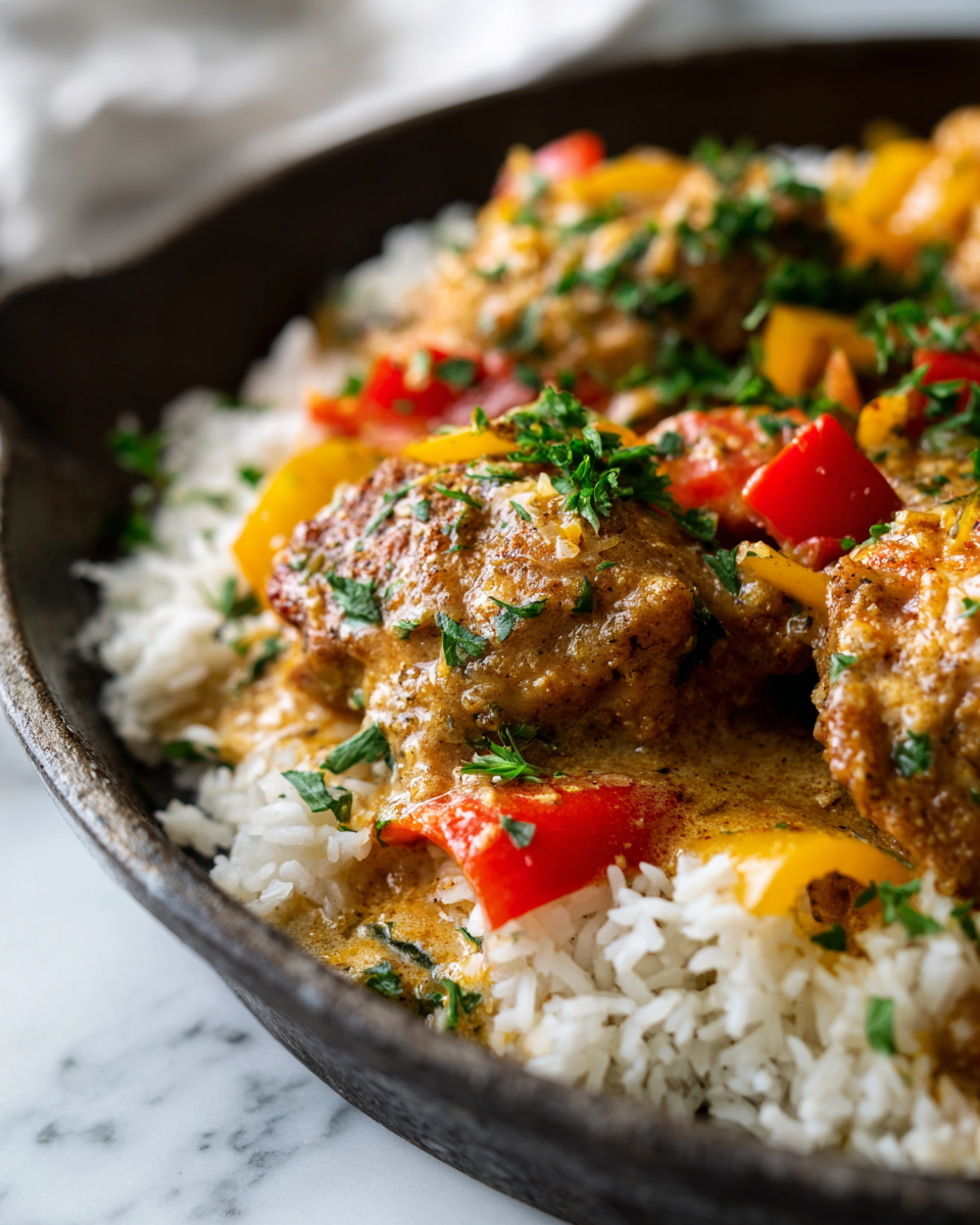 Un plat savoureux de poulet cajun crémeux avec du riz, parfait pour les repas en famille, présenté dans une poêle en fonte.