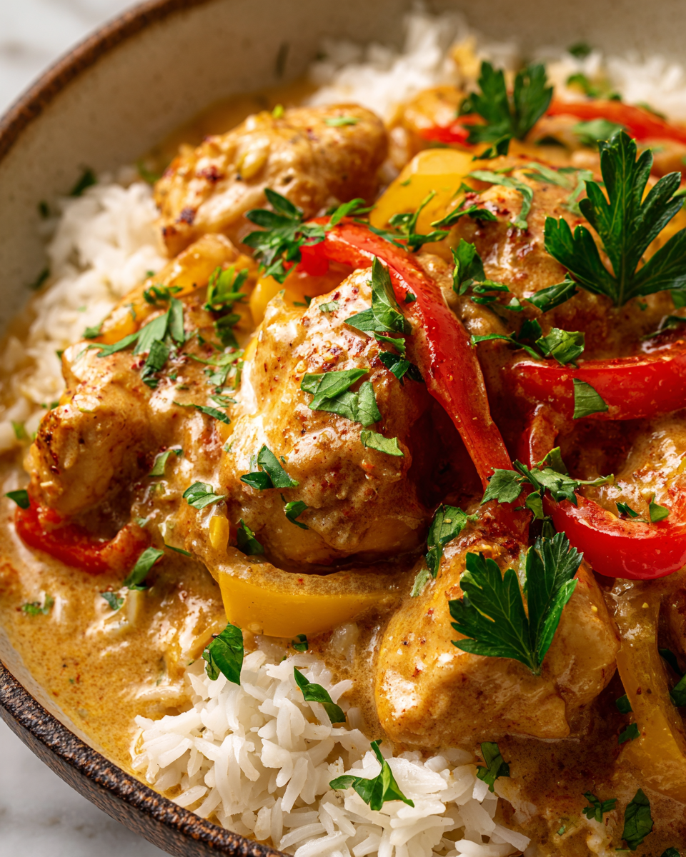 Un plat savoureux de poulet cajun crémeux avec du riz, parfait pour les repas en famille, présenté dans une poêle en fonte.