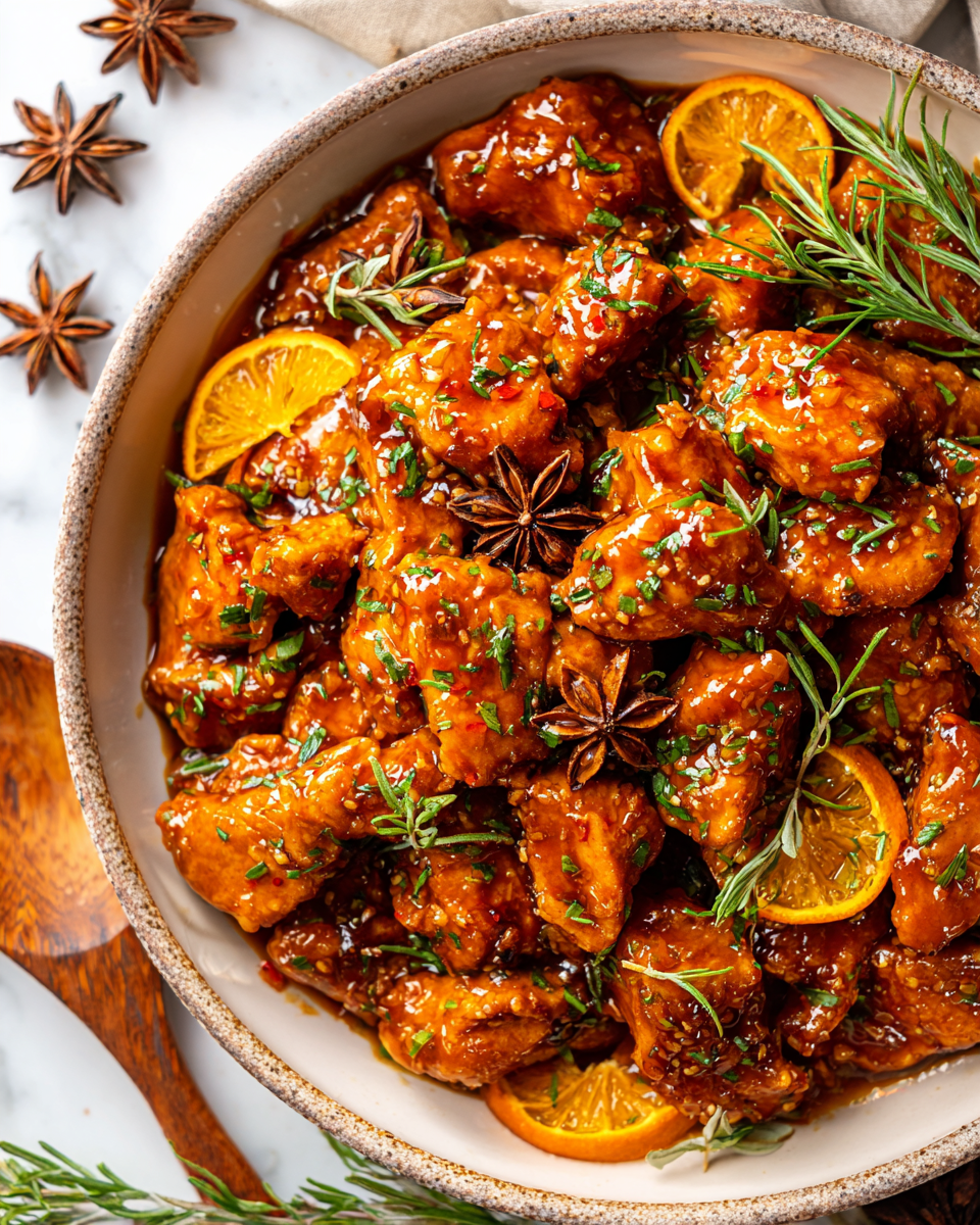 Poulet juteux à l'orange avec saveurs sucrées et acidulées