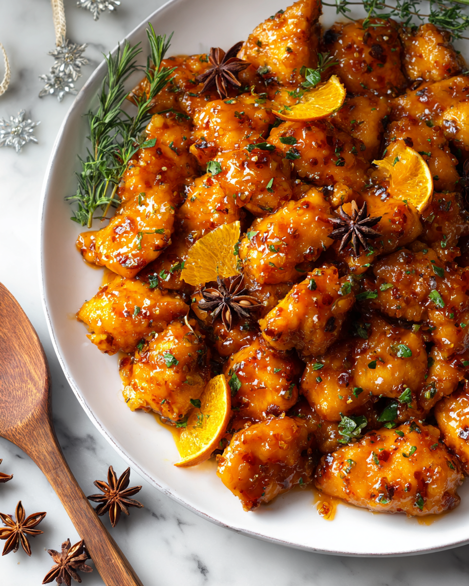 Poulet juteux à l'orange avec saveurs sucrées et acidulées