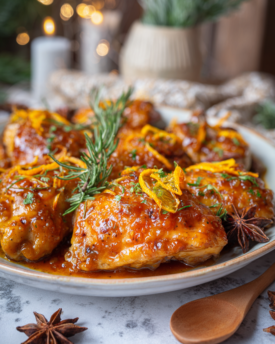 Poulet juteux à l'orange avec saveurs sucrées et acidulées
