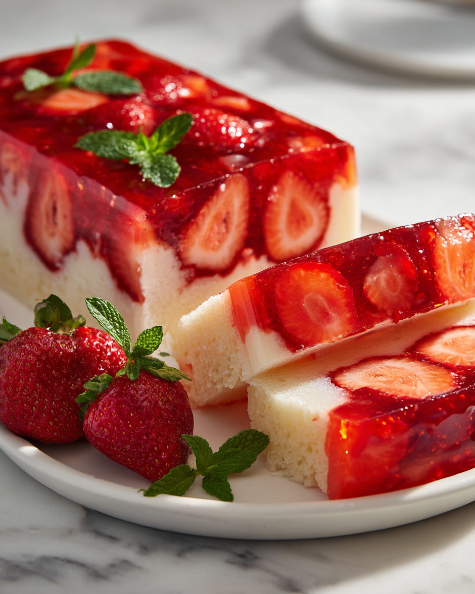 Pudding d'été à la gelée de fraises, dessert léger et frais, idéal pour les célébrations estivales.