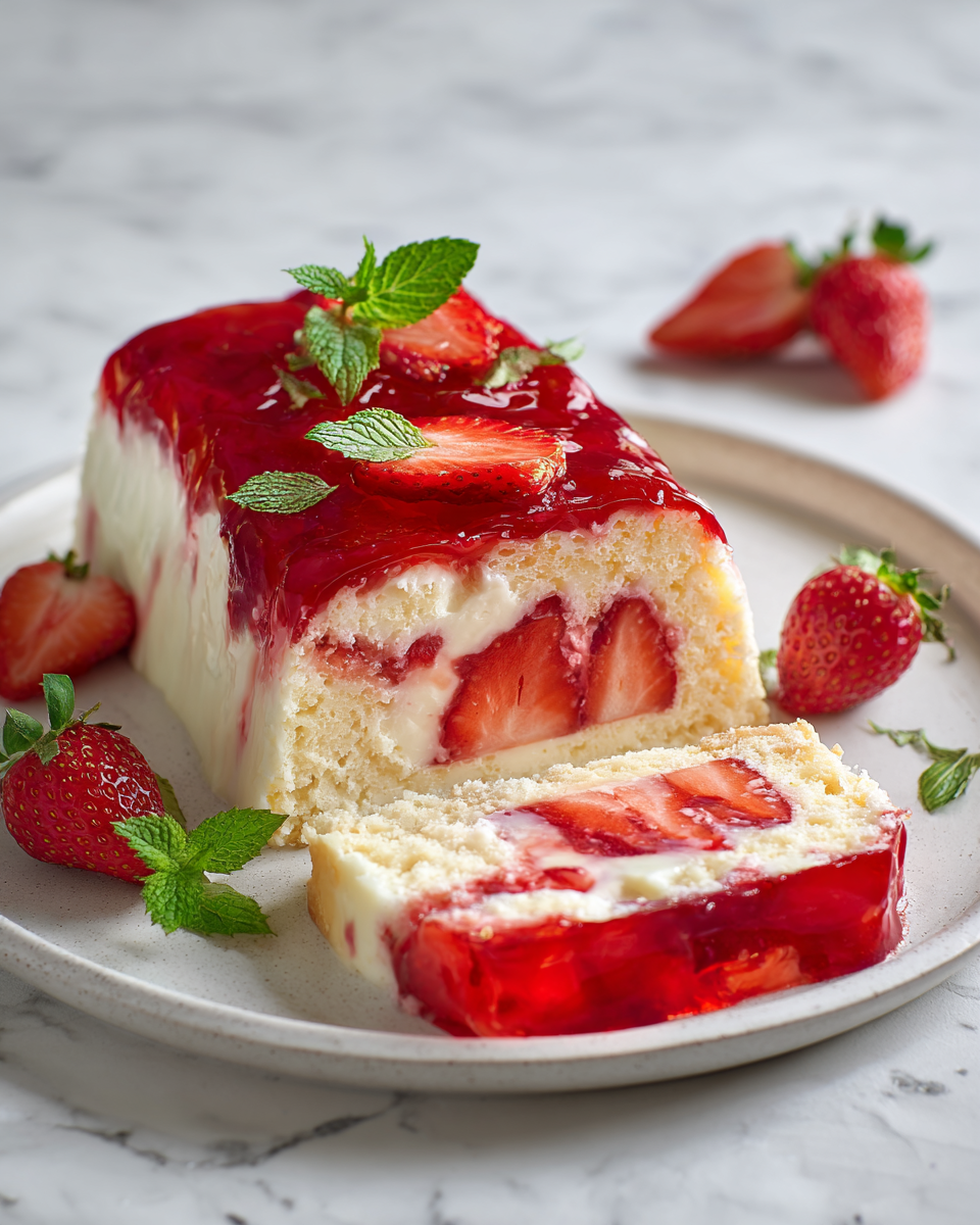 Pudding d'été à la gelée de fraises, dessert léger et frais, idéal pour les célébrations estivales.