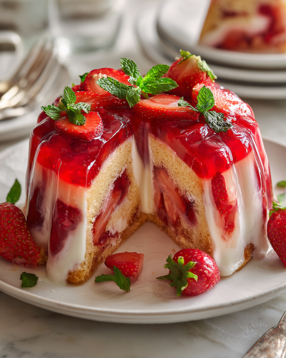 Pudding d'été à la gelée de fraises, dessert léger et frais, idéal pour les célébrations estivales.