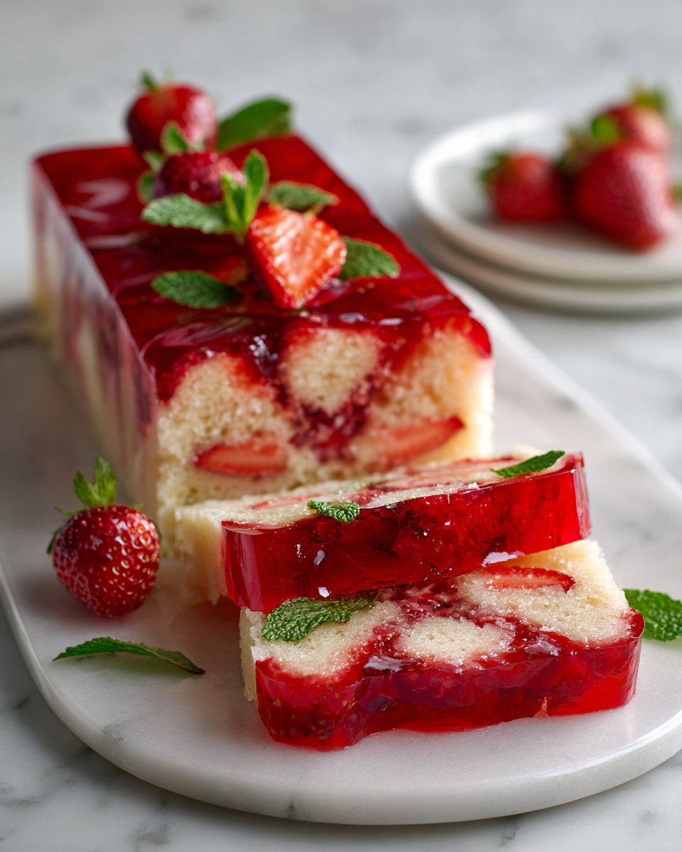 Pudding d'été à la gelée de fraises, dessert léger et frais, idéal pour les célébrations estivales.