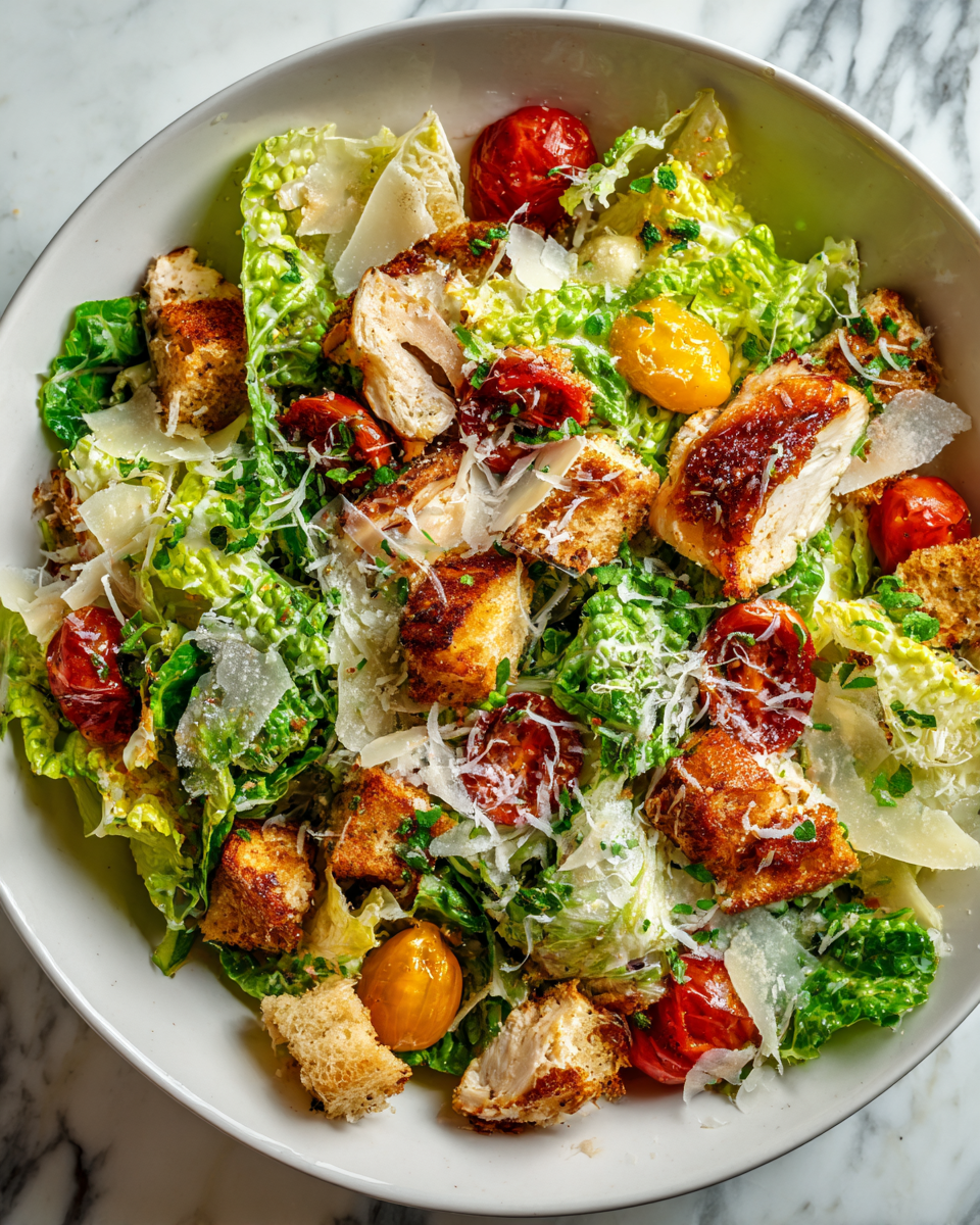 Salade César au poulet rôtie avec légumes frais et croutons, un plat savoureux et équilibré pour les dîners de famille.