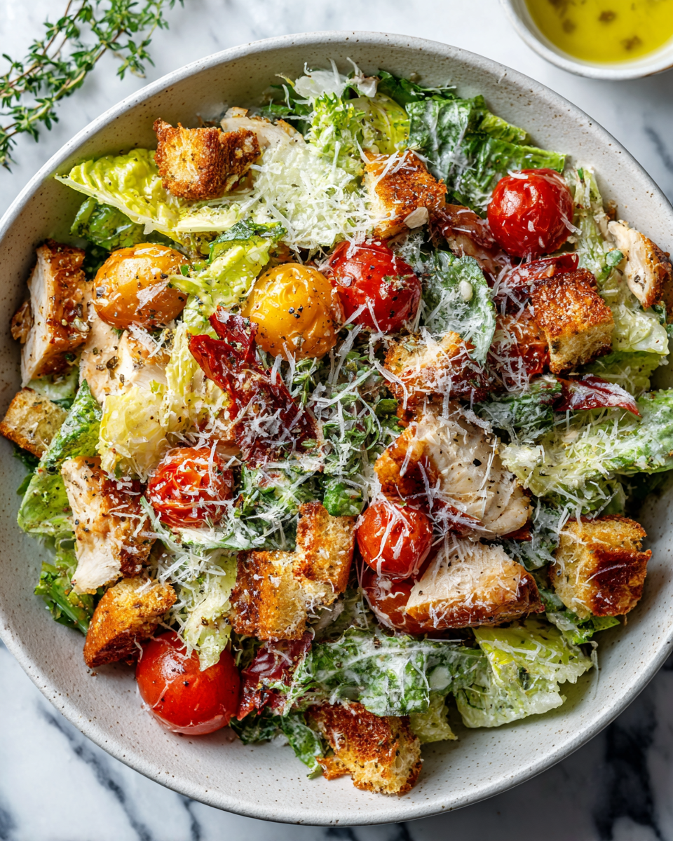 Salade César au poulet rôtie avec légumes frais et croutons, un plat savoureux et équilibré pour les dîners de famille.