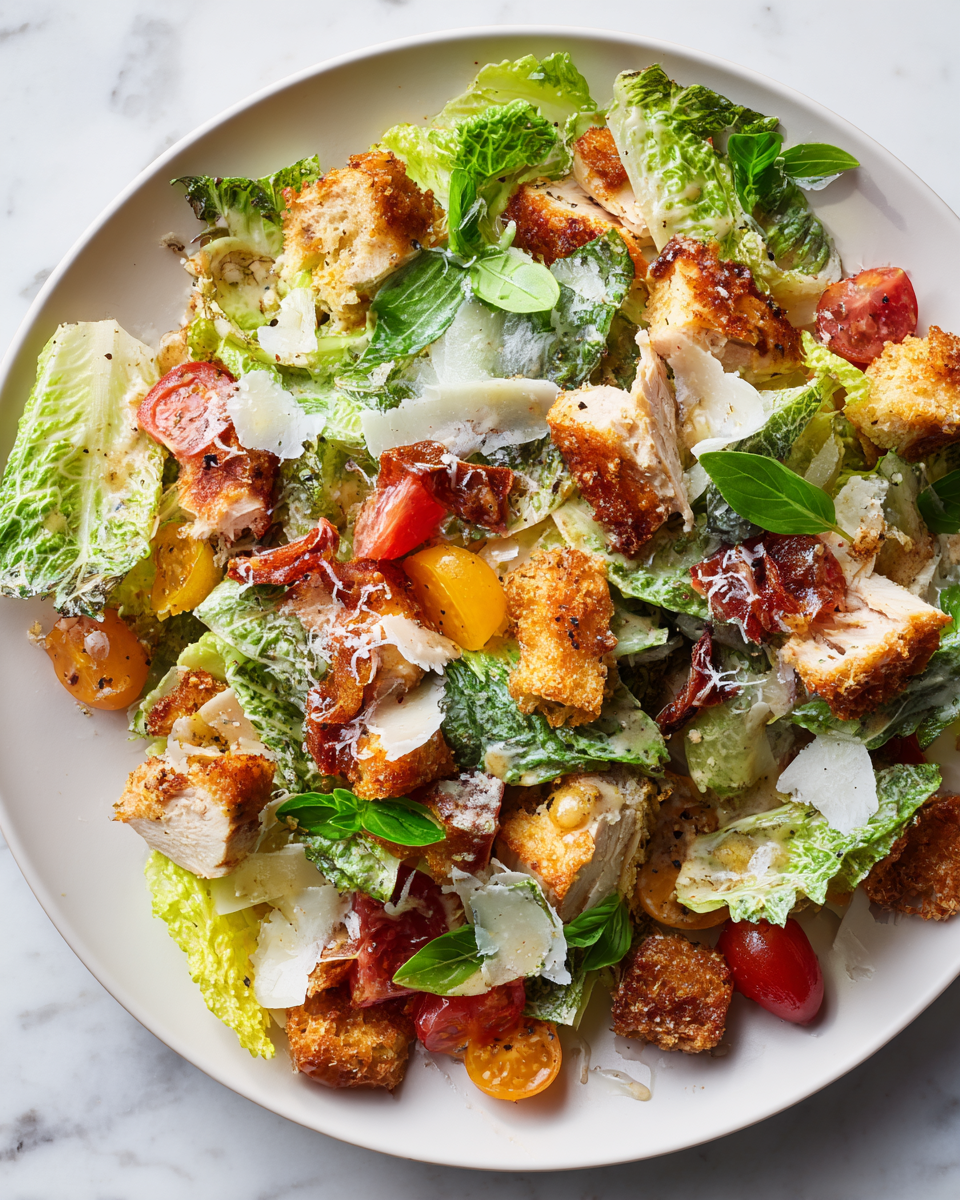 Salade César au poulet rôtie avec légumes frais et croutons, un plat savoureux et équilibré pour les dîners de famille.