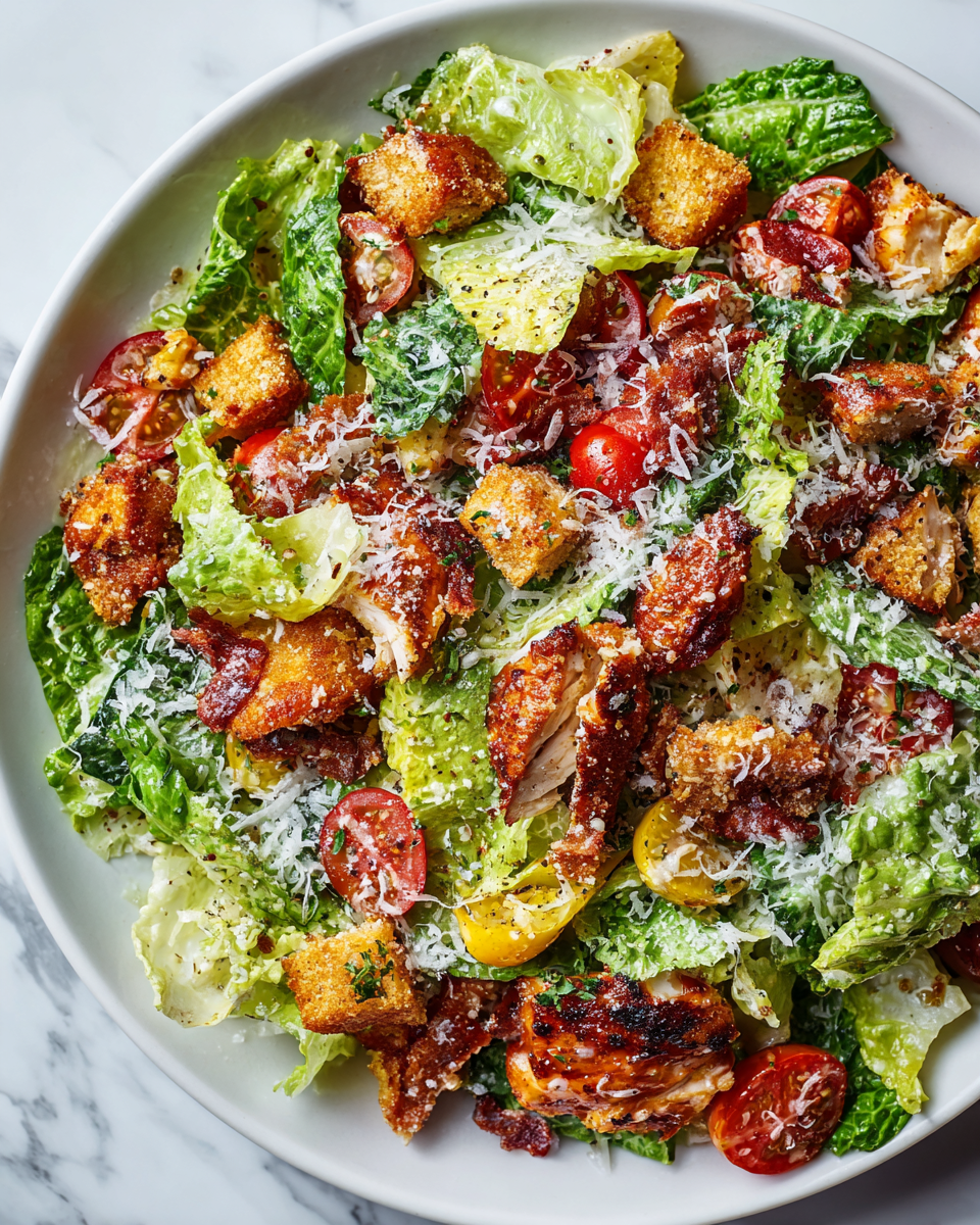 Salade César au poulet rôtie avec légumes frais et croutons, un plat savoureux et équilibré pour les dîners de famille.