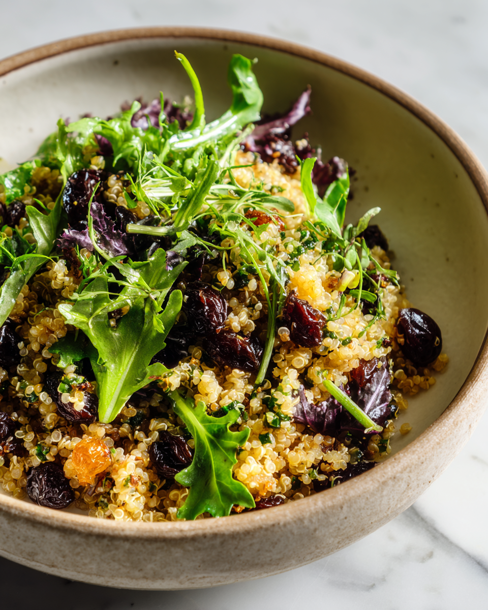 Salade de quinoa aux légumes et raisins, fraîche et vibrante pour l'automne.
