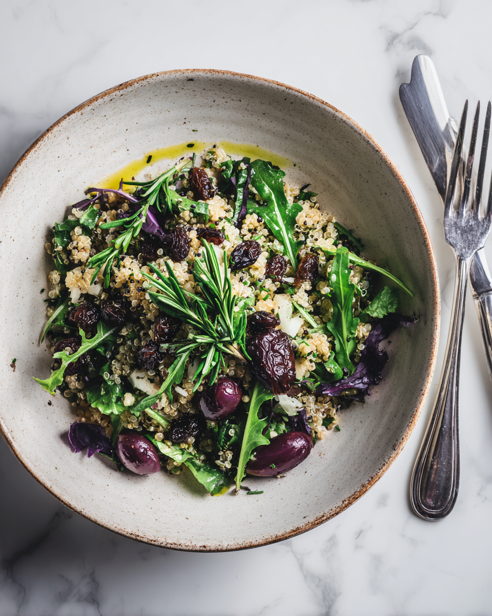 Salade de quinoa aux légumes et raisins, fraîche et vibrante pour l'automne.