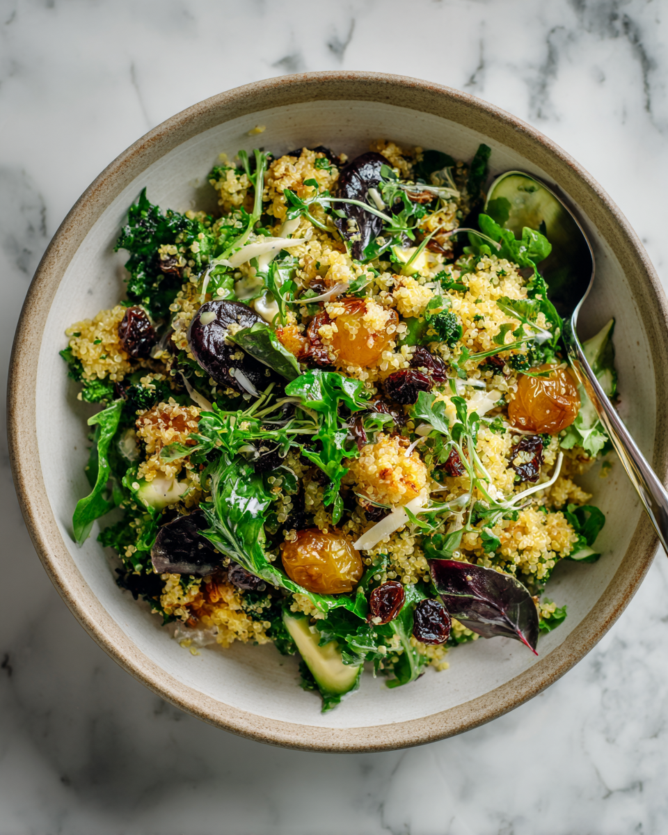 Salade de quinoa aux légumes et raisins, fraîche et vibrante pour l'automne.
