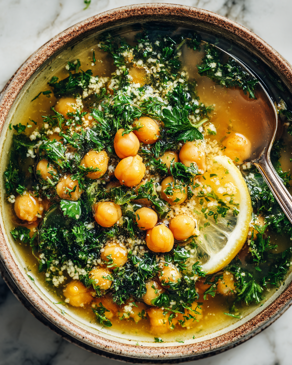 Réconfortante Soupe de Pois Chiches et Riz Soupe réconfortante de pois chiches et riz aux épices d'automne, servie chaude avec du persil frais