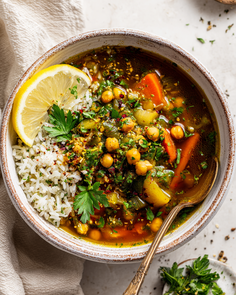 Réconfortante Soupe de Pois Chiches et Riz Soupe réconfortante de pois chiches et riz aux épices d'automne, servie chaude avec du persil frais