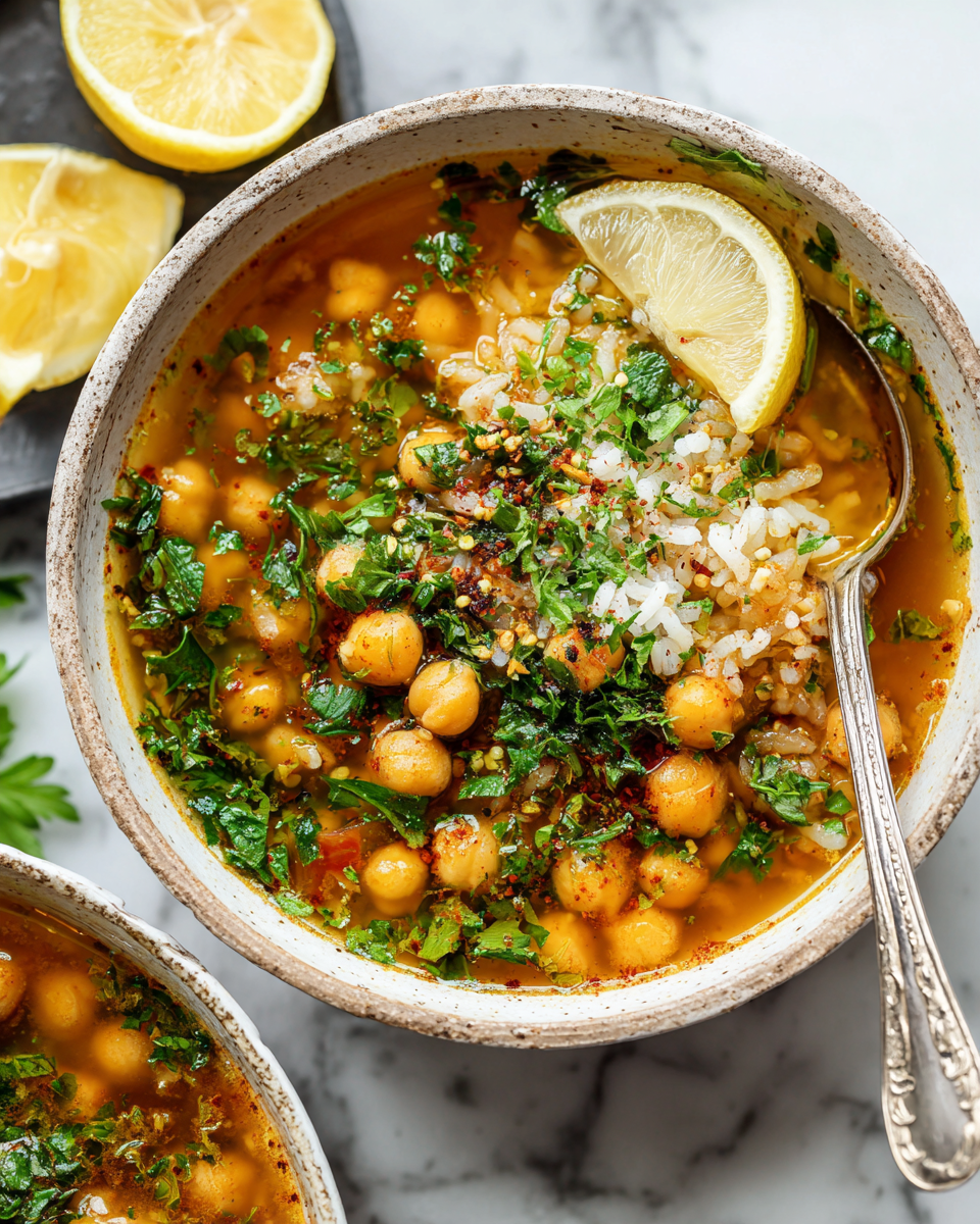 Réconfortante Soupe de Pois Chiches et Riz Soupe réconfortante de pois chiches et riz aux épices d'automne, servie chaude avec du persil frais