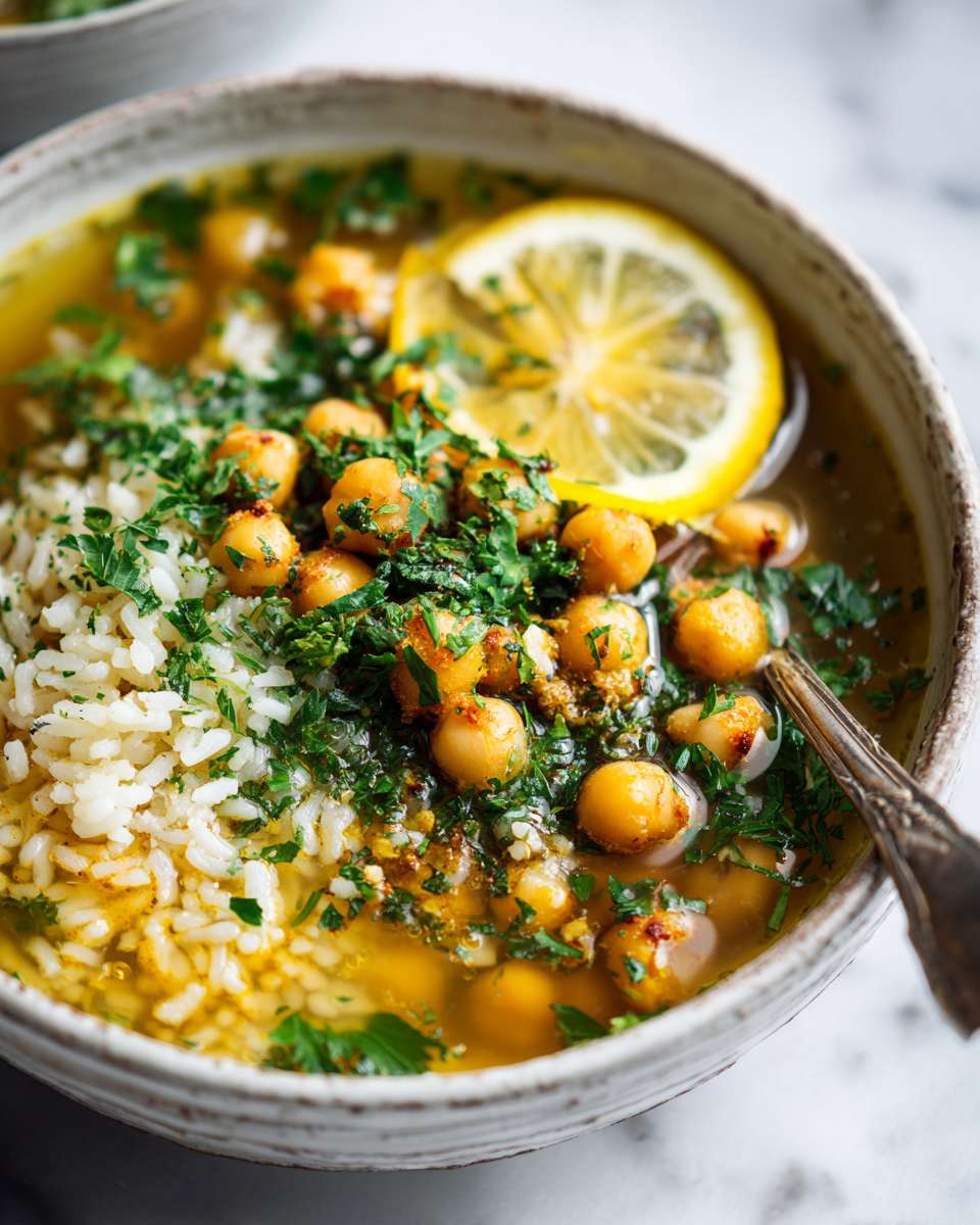 Réconfortante Soupe de Pois Chiches et Riz Soupe réconfortante de pois chiches et riz aux épices d'automne, servie chaude avec du persil frais