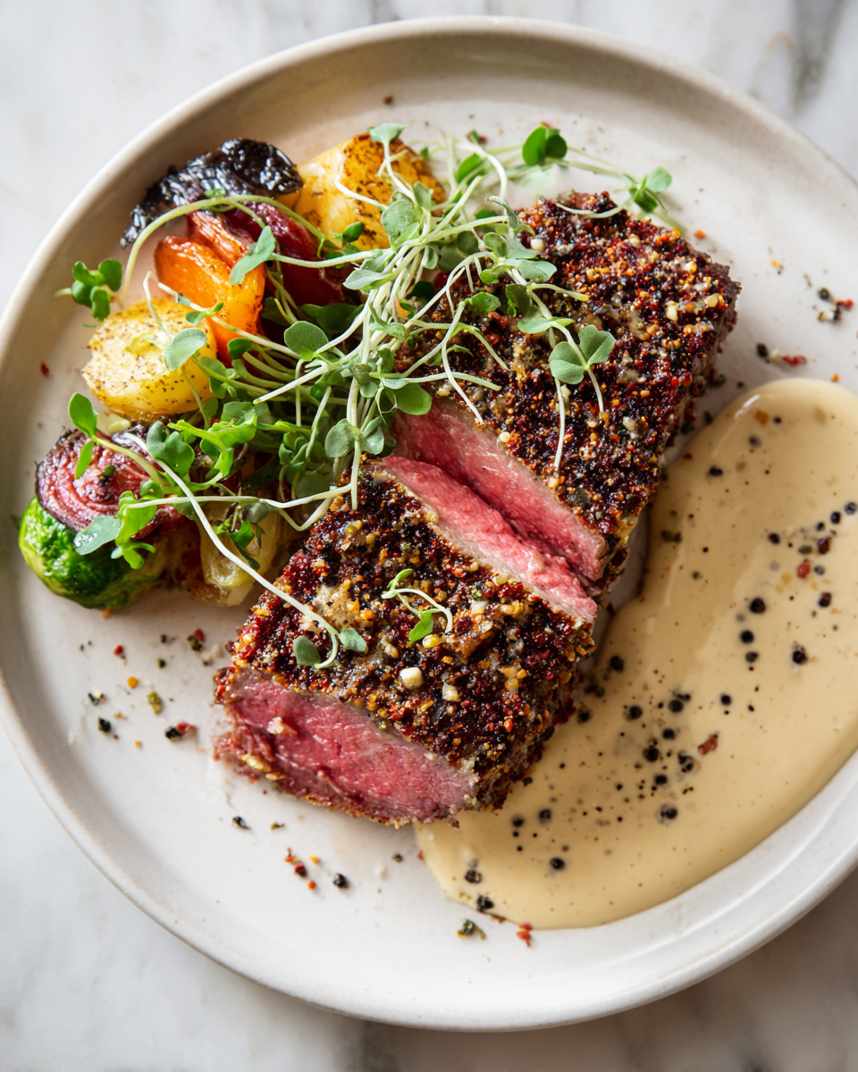 Recette de steak de style pastrami avec mayonnaise au moutarde sur une assiette, prêt à être servi pour un dîner convivial.