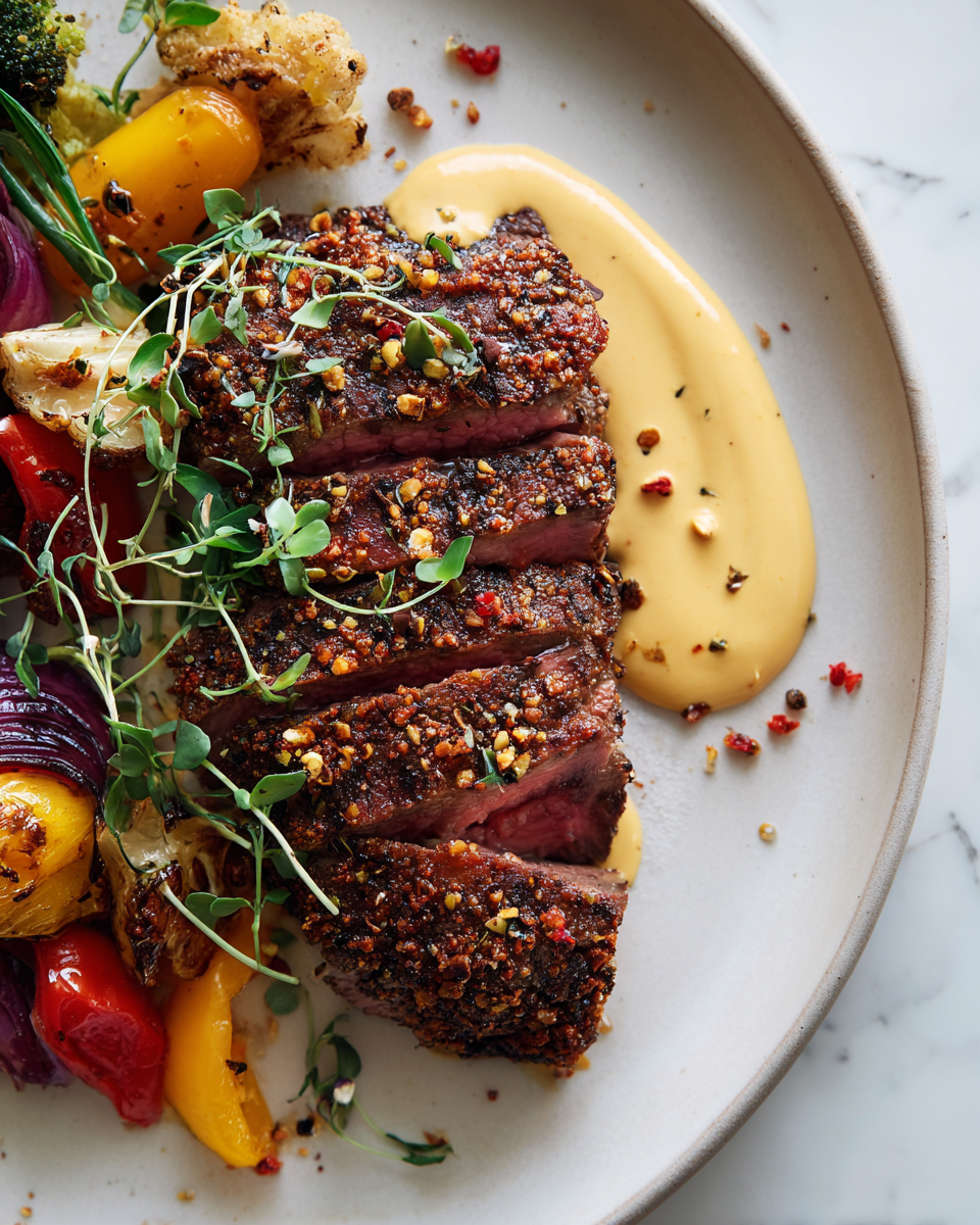 Recette de steak de style pastrami avec mayonnaise au moutarde sur une assiette, prêt à être servi pour un dîner convivial.