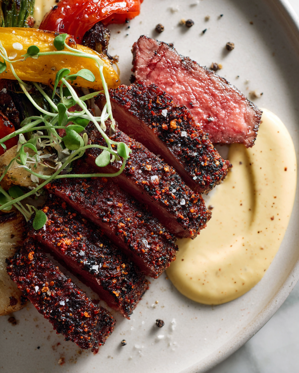 Recette de steak de style pastrami avec mayonnaise au moutarde sur une assiette, prêt à être servi pour un dîner convivial.