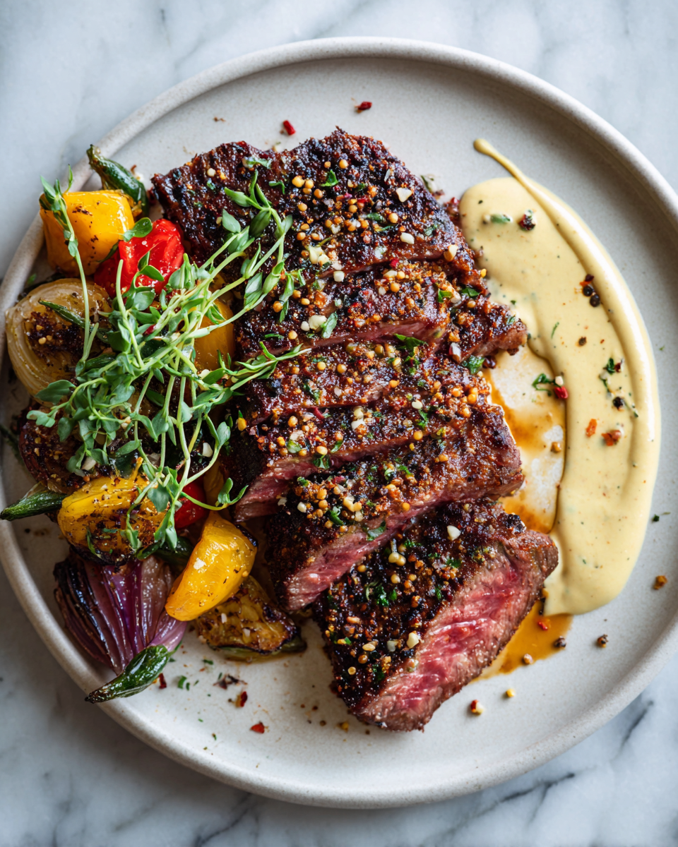 Recette de steak de style pastrami avec mayonnaise au moutarde sur une assiette, prêt à être servi pour un dîner convivial.