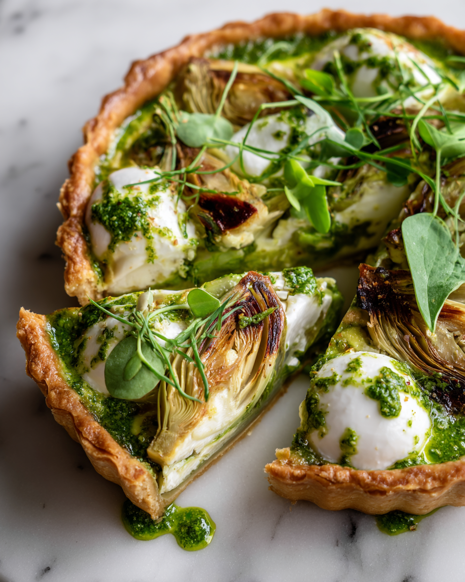 Tarte aux Artichauts et Fèves avec Pesto de Cresson Tarte aux artichauts et fèves sur une table printanière avec pesto de cresson