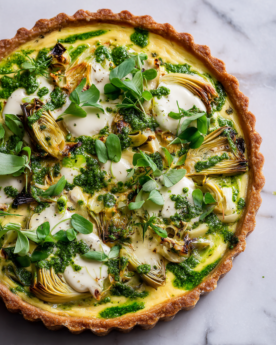 Tarte aux Artichauts et Fèves avec Pesto de Cresson Tarte aux artichauts et fèves sur une table printanière avec pesto de cresson