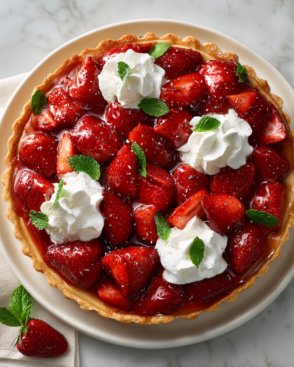 Savourez une Tarte aux Fraises Classique Tarte aux fraises classique avec une croûte croustillante, idéale pour le printemps et les desserts en famille.