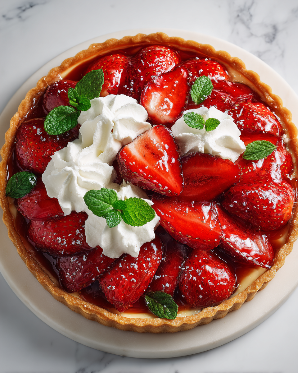 Savourez une Tarte aux Fraises Classique Tarte aux fraises classique avec une croûte croustillante, idéale pour le printemps et les desserts en famille.