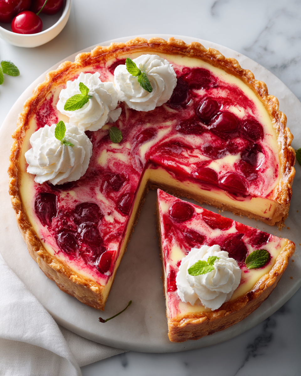 Savourez une Délicieuse Tarte aux Cerises Crème Sure Tarte aux cerises crémeuse avec crème aigre, idéale pour l'été.