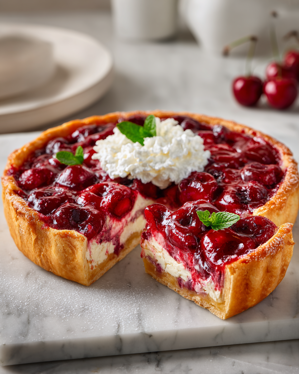 Savourez une Délicieuse Tarte aux Cerises Crème Sure Tarte aux cerises crémeuse avec crème aigre, idéale pour l'été.