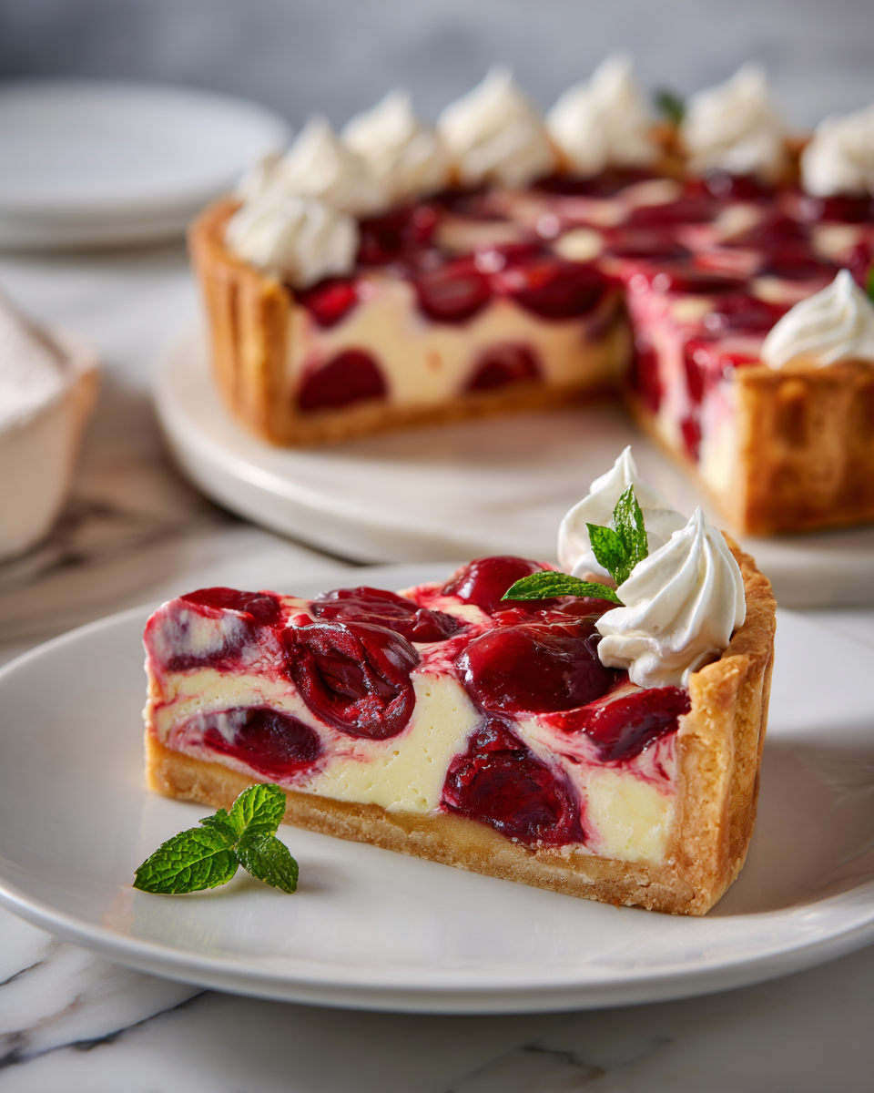 Savourez une Délicieuse Tarte aux Cerises Crème Sure Tarte aux cerises crémeuse avec crème aigre, idéale pour l'été.