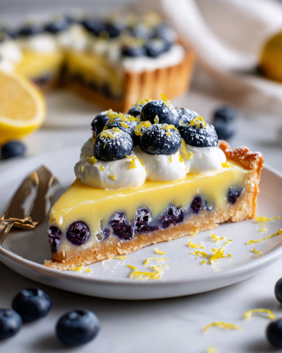 Tarte crémeuse au citron et myrtilles, dessert printanier parfait, facile à préparer et délicieux.