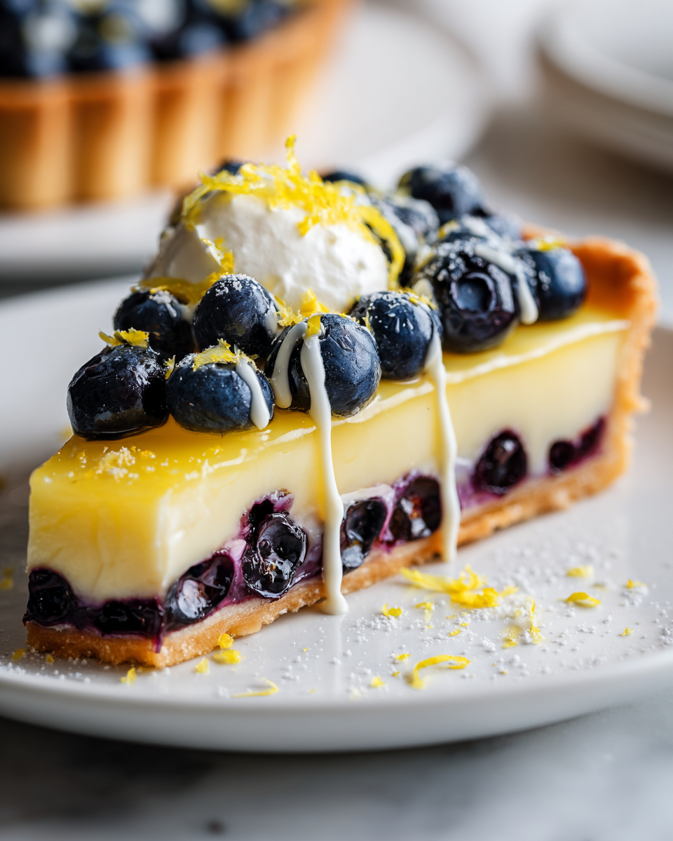 Tarte crémeuse au citron et myrtilles, dessert printanier parfait, facile à préparer et délicieux.