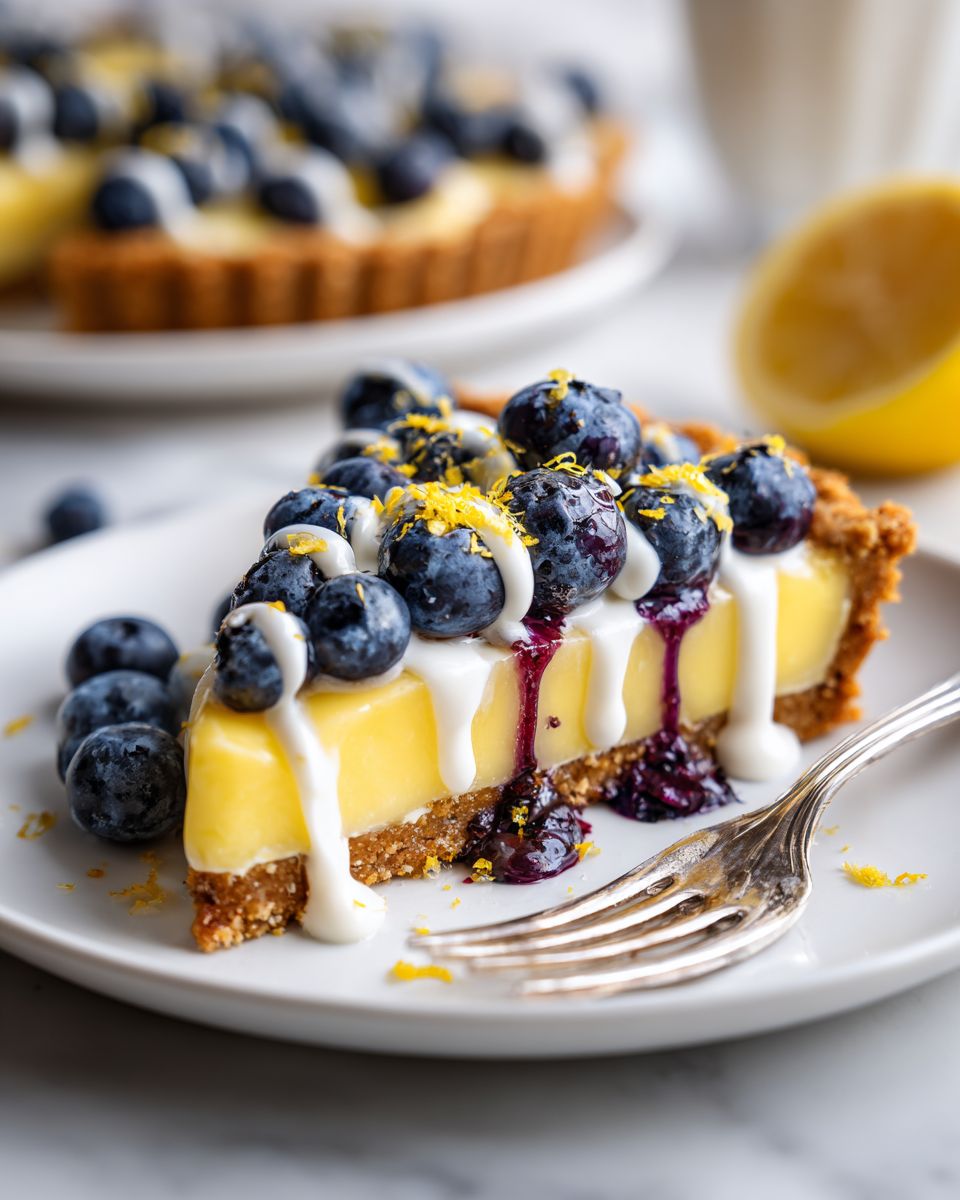 Tarte crémeuse au citron et myrtilles, dessert printanier parfait, facile à préparer et délicieux.